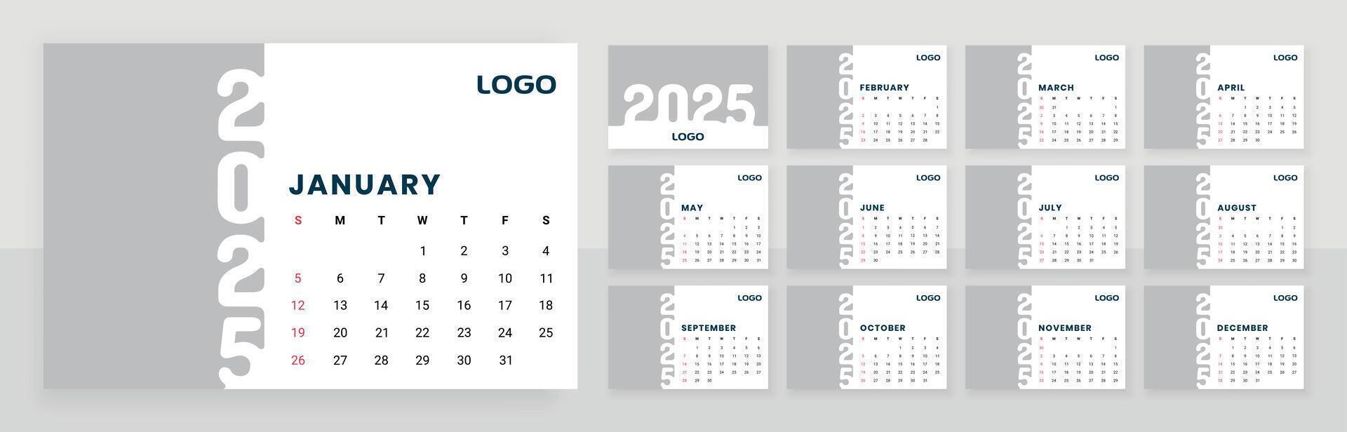 2025 monthly desk calendar template vector