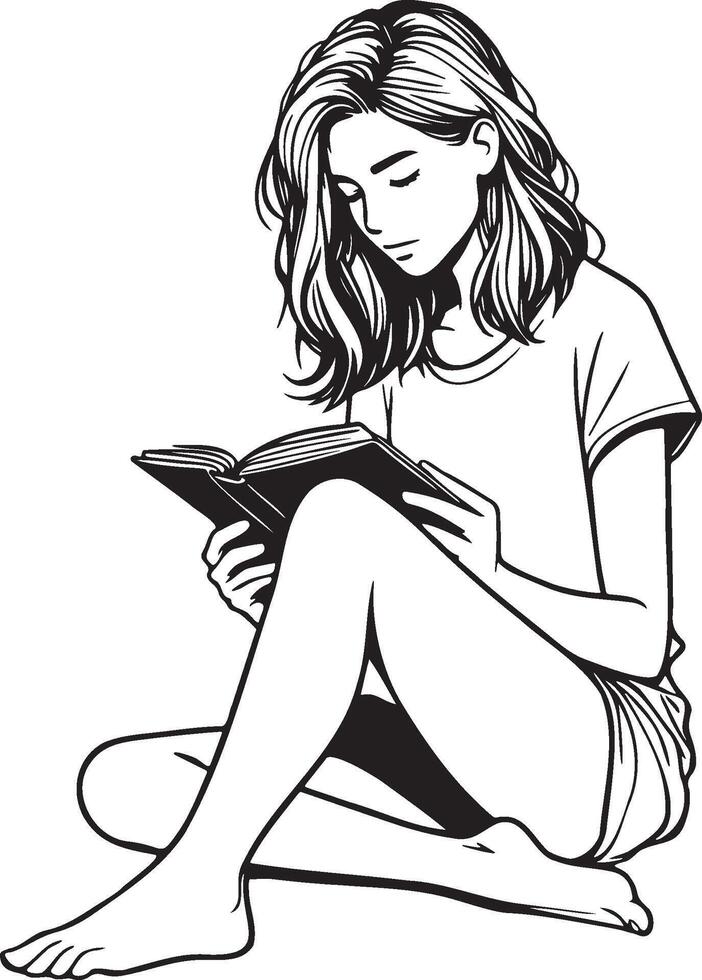 Woman Reading Book Sitting on Ground Hand Drawning. vector