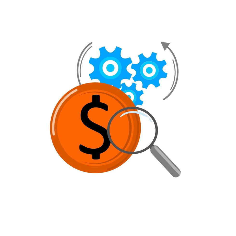 Magnifying glass, gear icon and dollar sign coin icon isolated on white background. vector