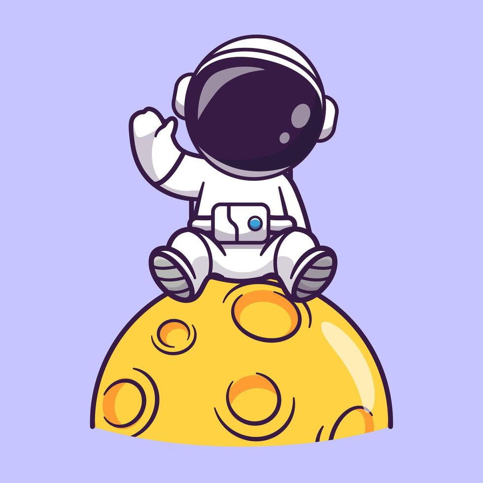 Cute Astronaut Sitting On Moon And Waving Hand Cartoon vector