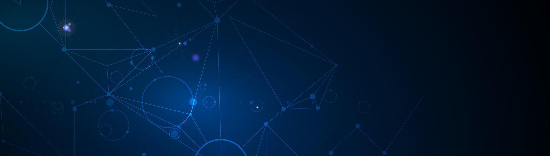 Molecule and lines with dots, technology on blue background. Abstract internet network connection design for web site. Digital data, communication, science and futuristic concept vector