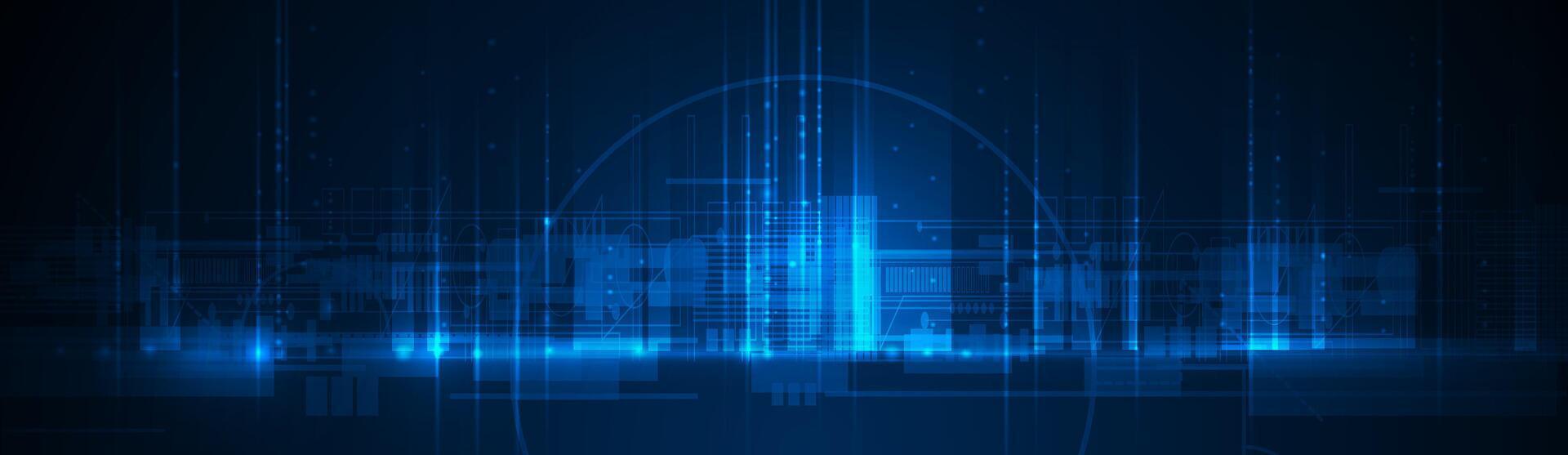Illustration architecture, cityscape with cyber space, neon light. Modern hi-tech, science, data - datum futuristic technology concept. Abstract digital city, innovation design for background vector