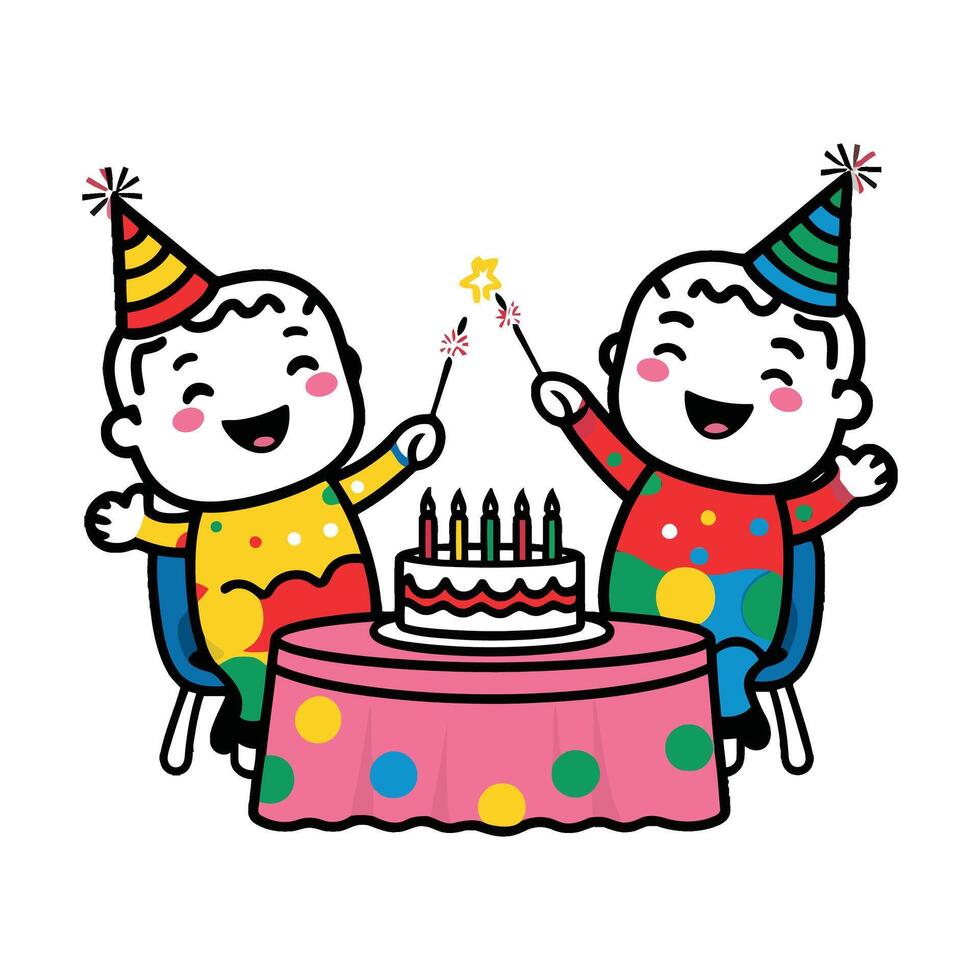 Two children are celebrating their birthday with a cake vector