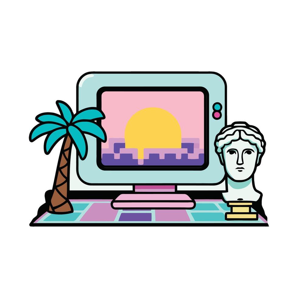 un computadora con un estatua de un hombre y palma árbol vector