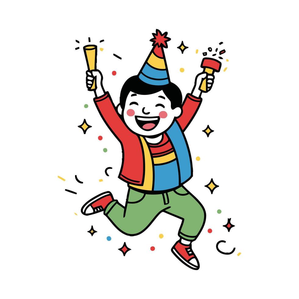Happy boy jumping with a party hat illustration vector