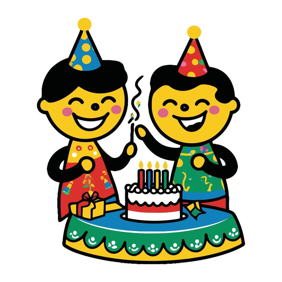 Two cartoon children celebrating their birthday with a cake vector