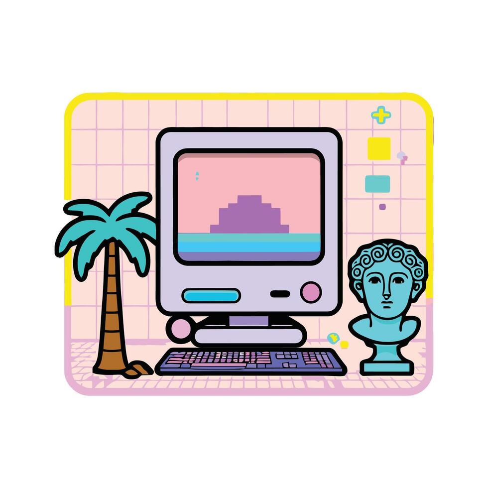 A computer with a palm tree and a statue vector