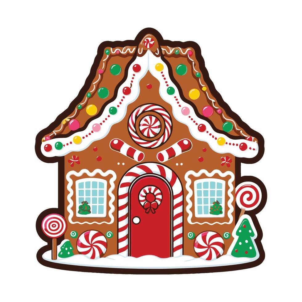 A gingerbread house with candy canes and candy vector