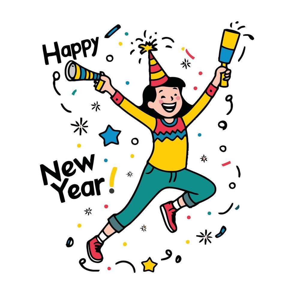 Happy new year card with girl jumping and holding a party hat vector