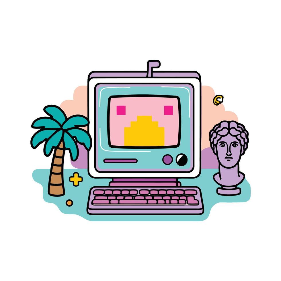 A computer with a palm tree and a statue vector