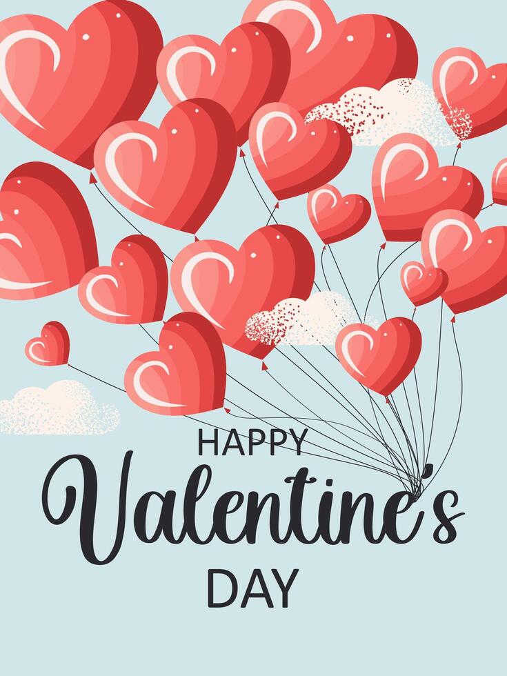 Valentine's Day card. Airy pink and red heart-shaped balloons on a blue background. vector
