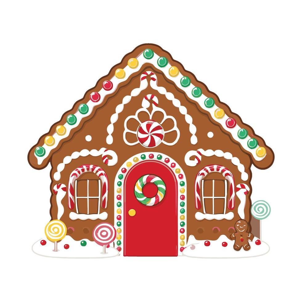 A gingerbread house with candy and candy canes vector