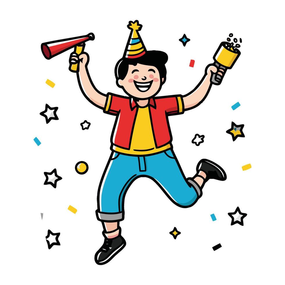 A cartoon boy with a party hat and a party horn vector