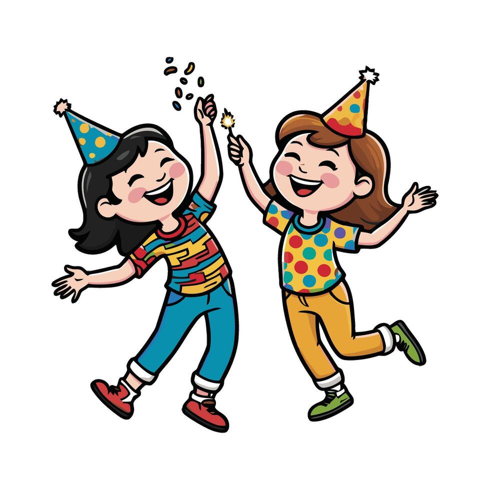Two children with party hats and confetti vector