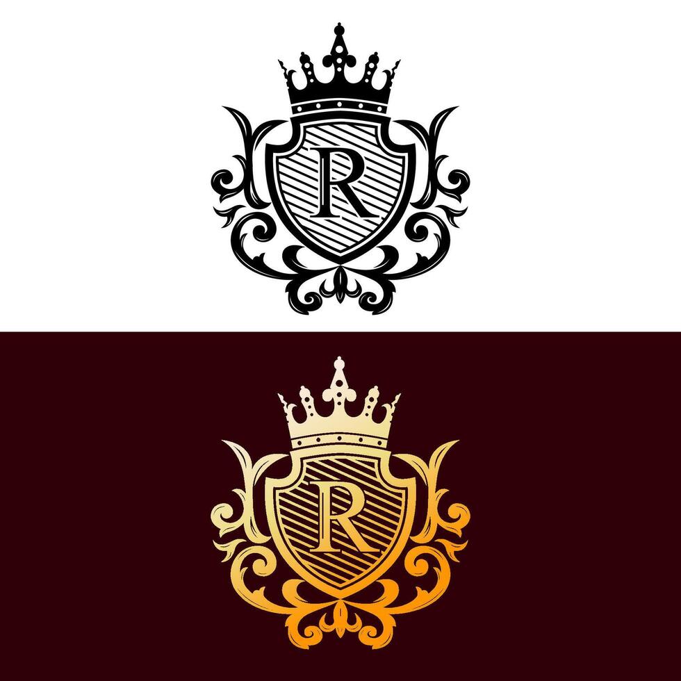 Alphabet Initial R Logo with Luxury Decorative Golden Frame. Elegant Curl Floral Ornament. vector