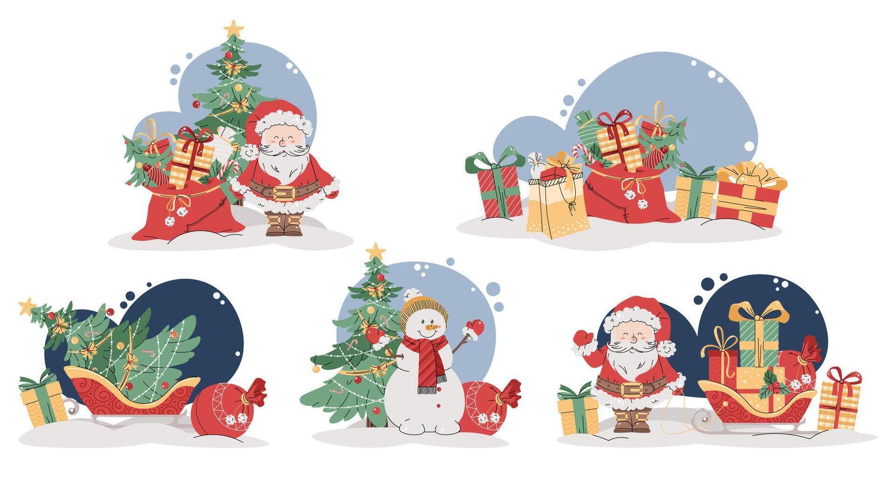 Set of Christmas illustrations with Santa Claus, snowman, gifts and Christmas tree. Holiday for cards, banners, backgrounds, etc. vector