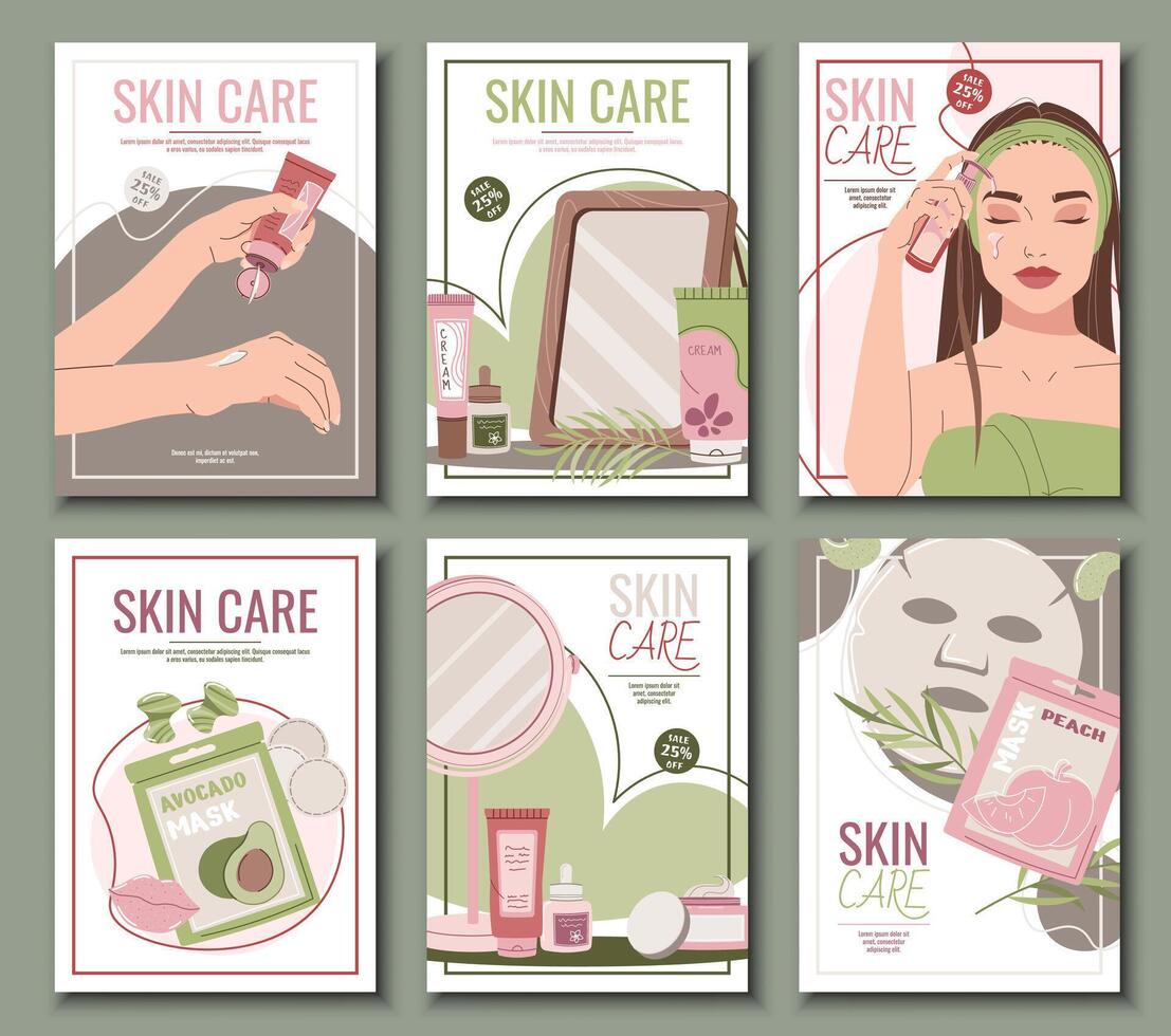Skin care flyer design set. Poster with cosmetic products, face mask, serum. Facial skin care, skin moisturizing. Banner for beauty salon, spa, etc vector