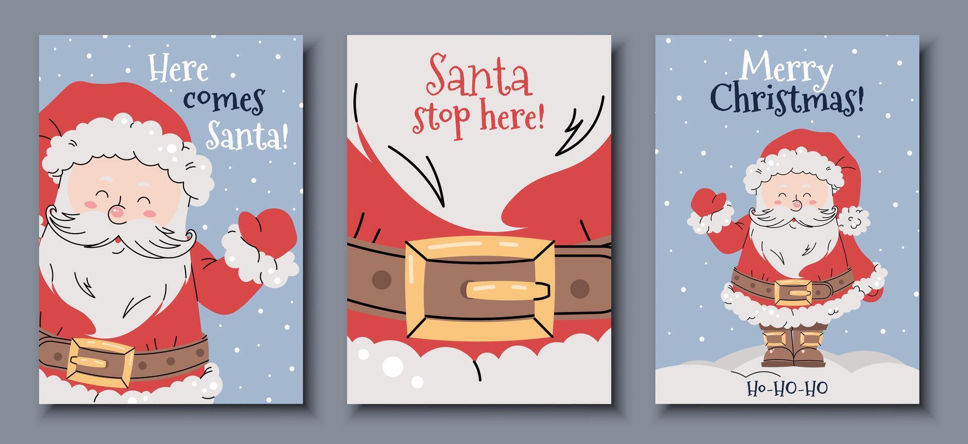Set of Christmas cards with cheerful Santa Claus in red suit waving hand on snowy blue background in flat cartoon style. illustration for poster, banner, invitation, etc vector