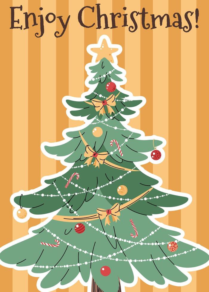 Greeting card with New Year tree decorated with garland and toys on yellow striped background in flat cartoon style. illustration for Christmas poster, banner, card, invitation, etc. vector