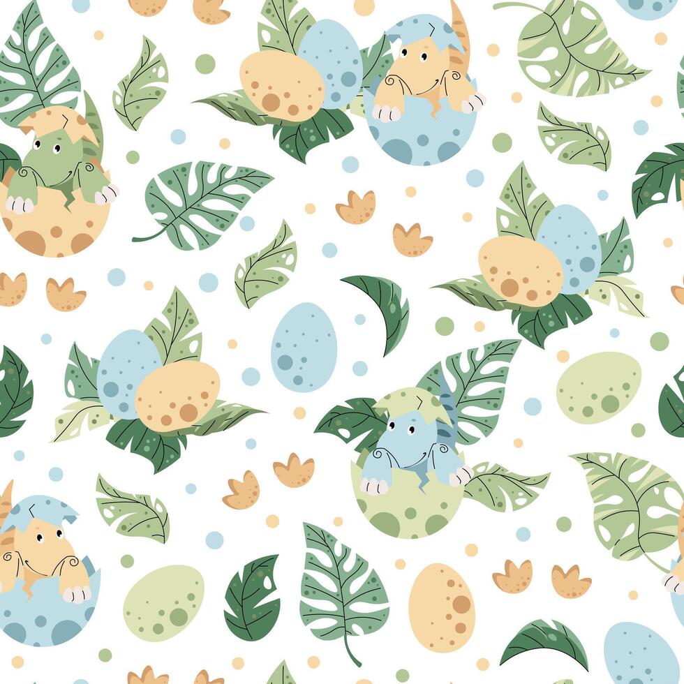 Seamless pattern with cute dinosaurs in an egg in flat style. Endless texture with hatched baby dinosaur and tropical plants. Childish background for fabric vector
