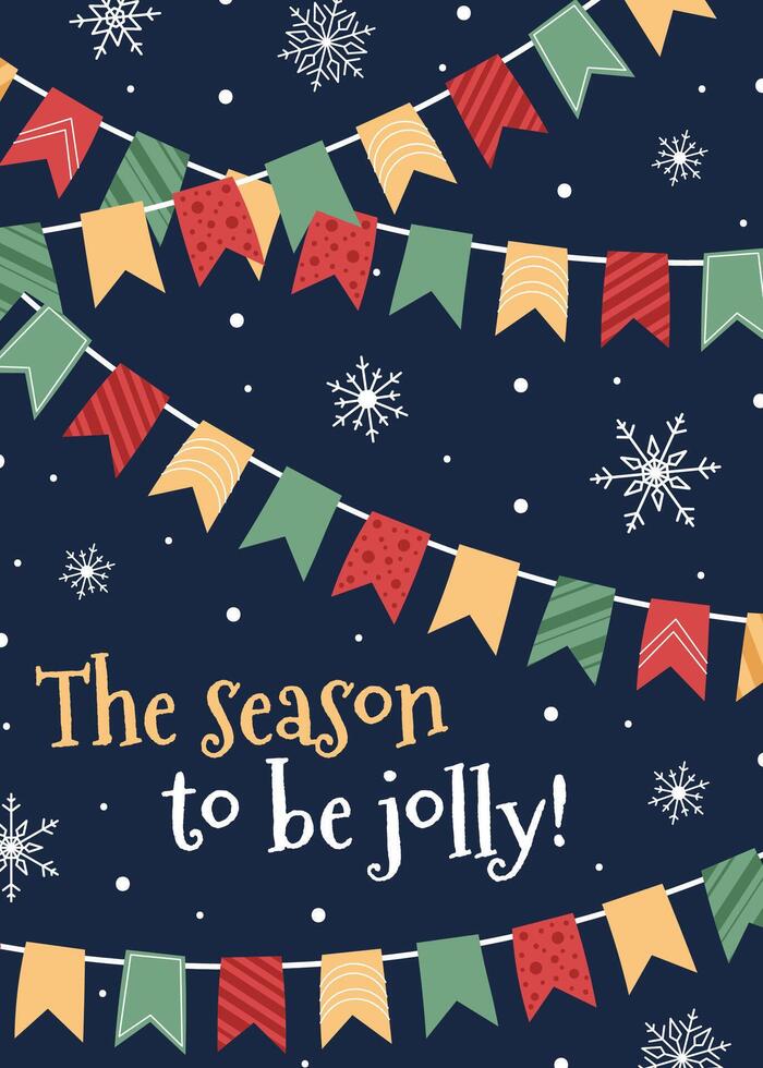 Christmas banner with colorful flags and snowflakes in flat style. illustration for poster, greeting card, invitation, etc vector