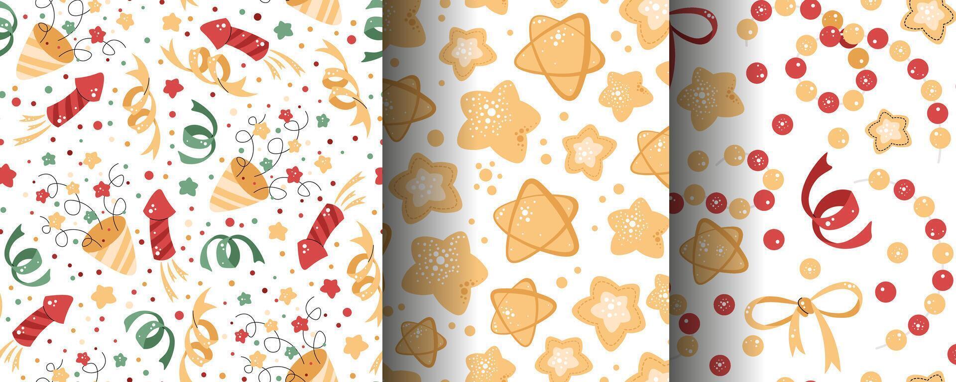 Set of seamless patterns with crackers, streamers, fireworks, stars and bows. festive texture in flat style. Suitable for wallpaper, wrapping paper, fabric, etc vector