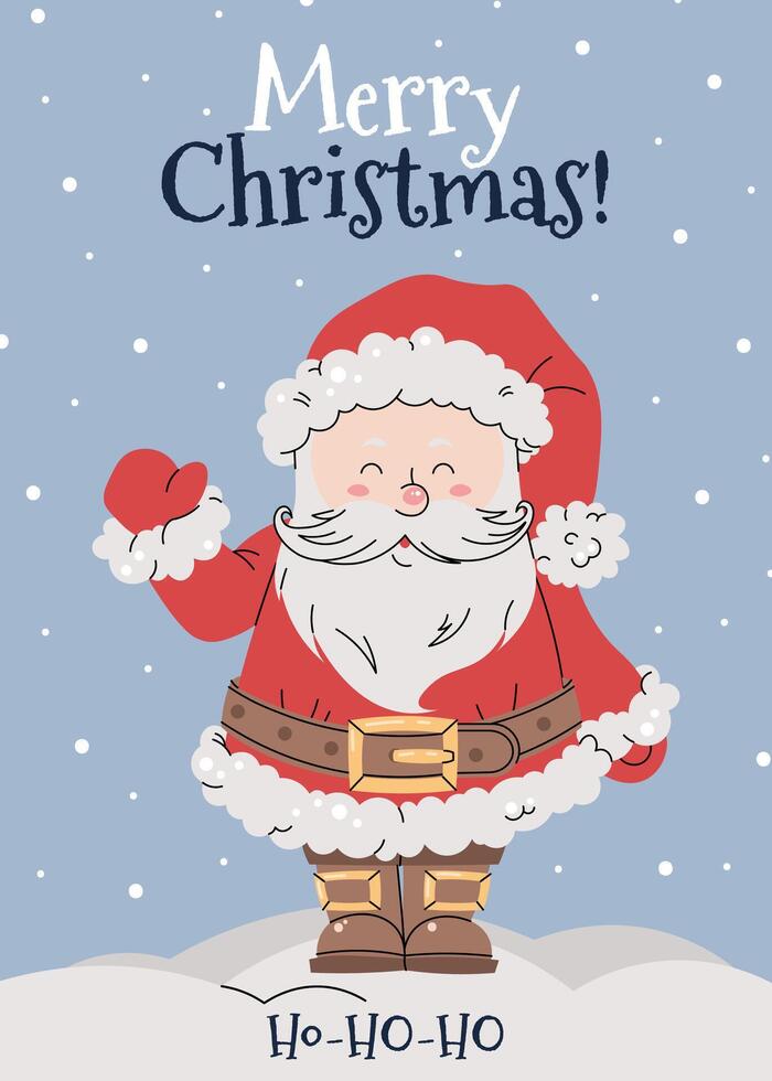 Christmas card with cheerful Santa Claus in red suit waving hand on snowy blue background in flat cartoon style. illustration for poster, banner, invitation, etc vector