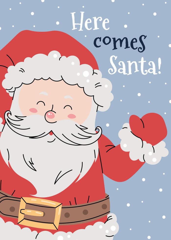 Christmas card with cheerful Santa Claus in red suit waving hand on snowy blue background in flat cartoon style. illustration for poster, banner, invitation, etc vector