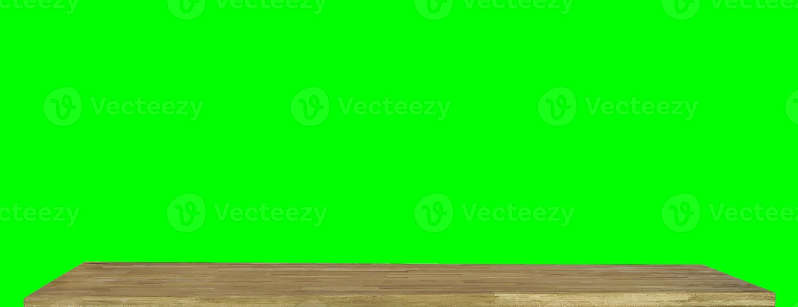 Wooden dinner table surface. Natural wood furniture close view. Tabletop isolated over green screen chroma key background photo