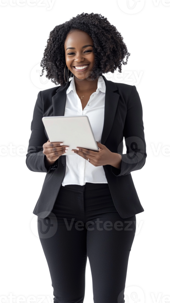 A smiling black woman holding a tablet computer png