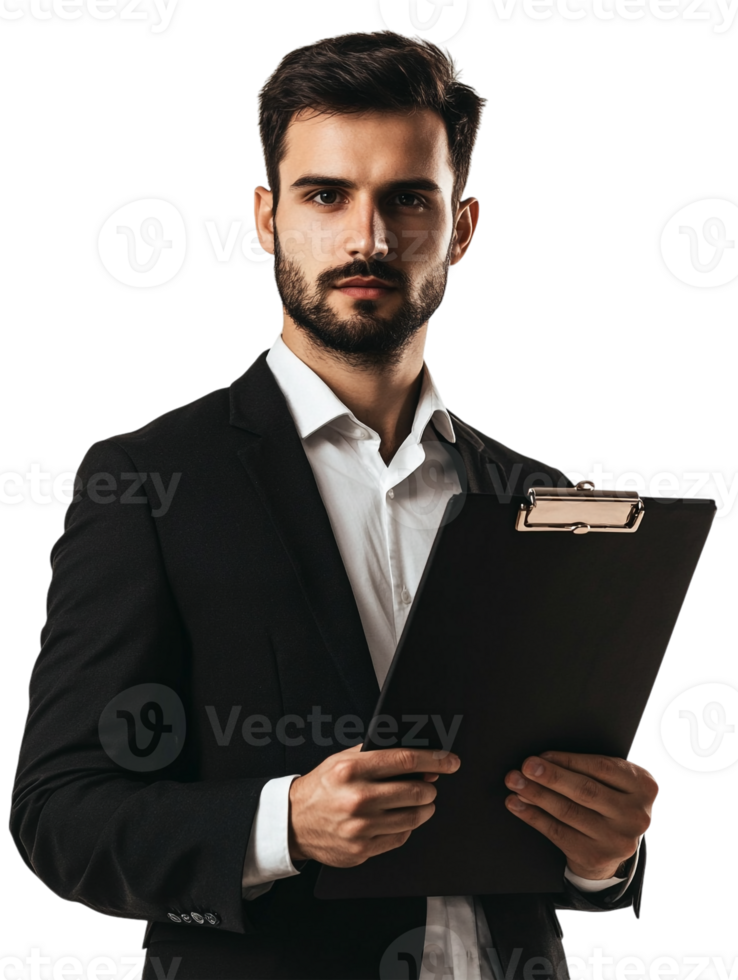 A man in a suit holding a clipboard png