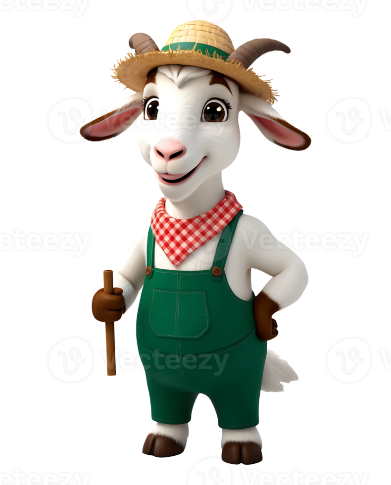 3D Digital Illustration of a Cute Anthropomorphic Farmer Goat in a Cheerful Pastoral Setting png