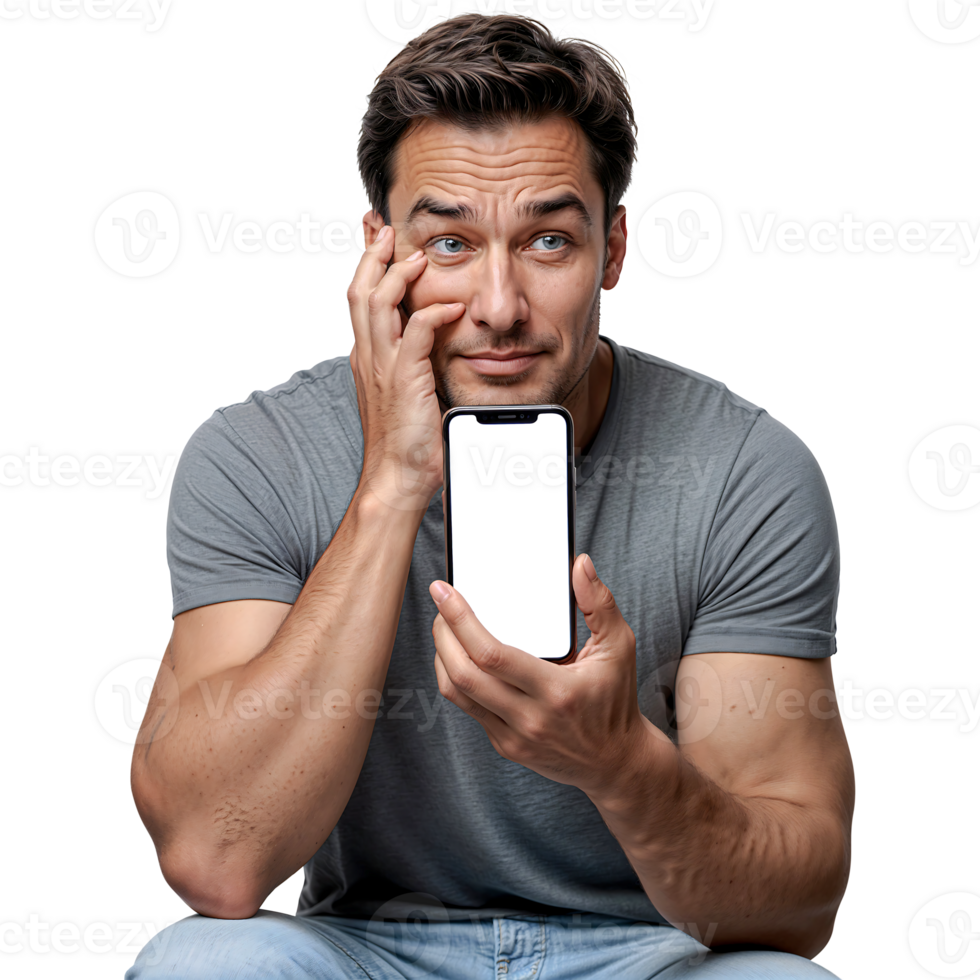 A man in a grey shirt and jeans holds a smartphone with a blank screen while looking away thoughtfully png