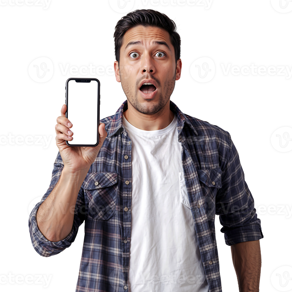 A man in a plaid shirt stares in disbelief at a smartphone with a blank screen png