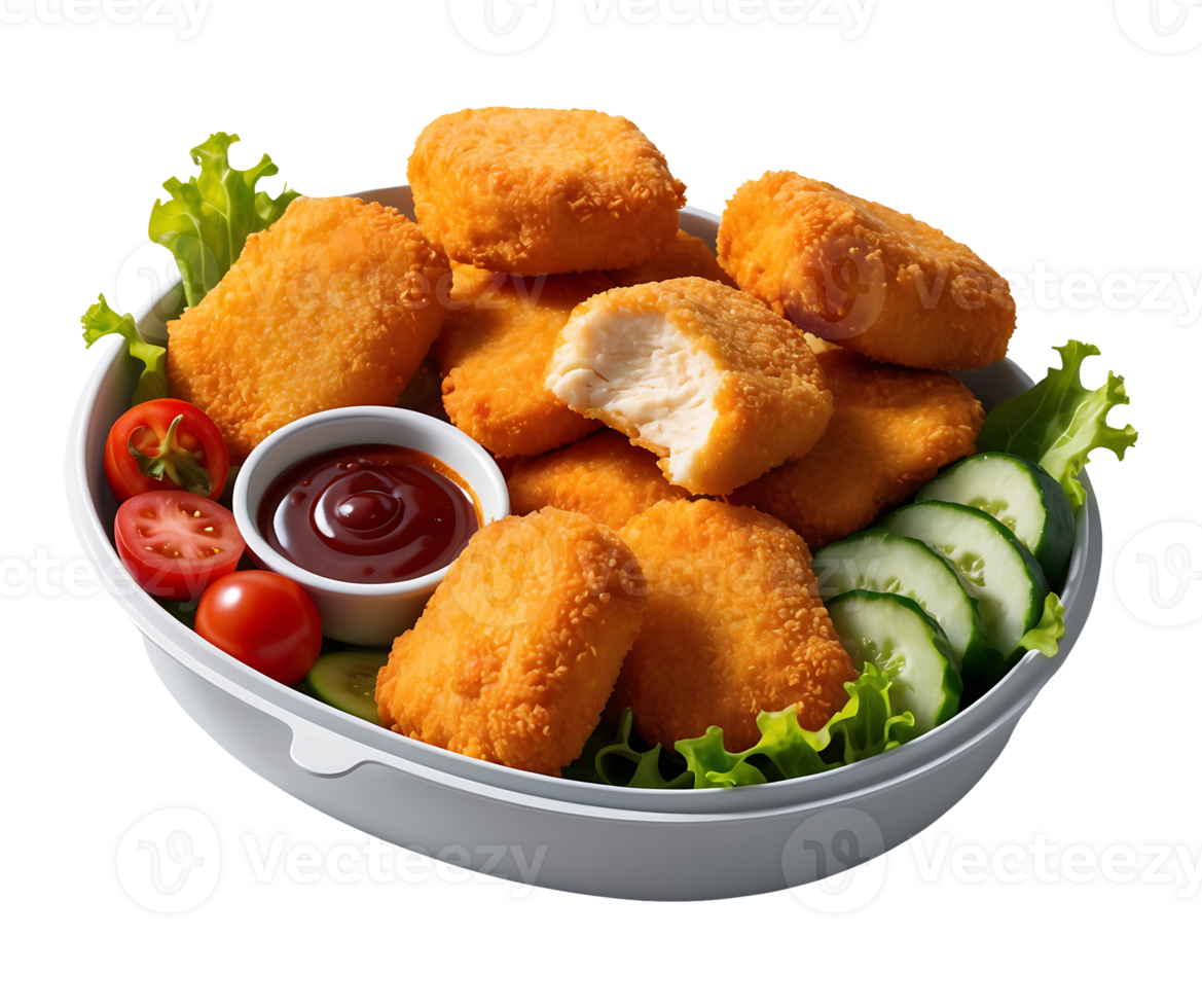 Realistic 3D Chicken Nuggets with Dipping Sauce in Sleek Modern Container png
