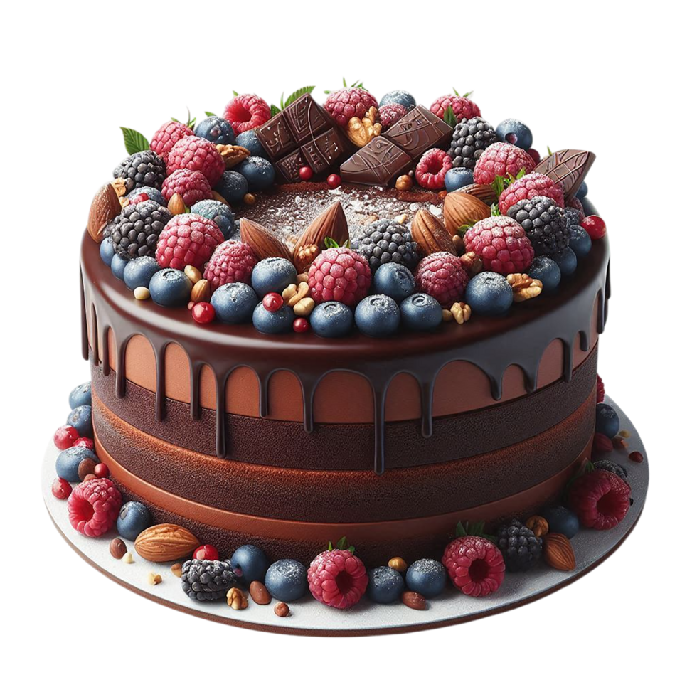 a chocolate cake with berries and nuts on top png