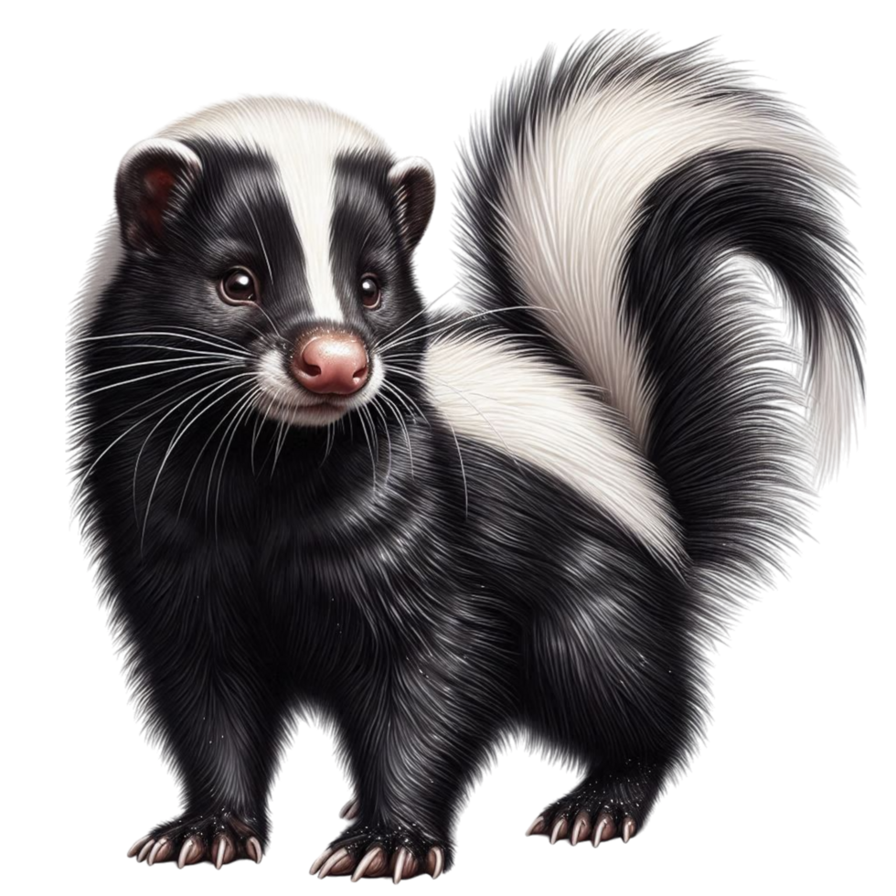 a black and white skunk on a transparent background png