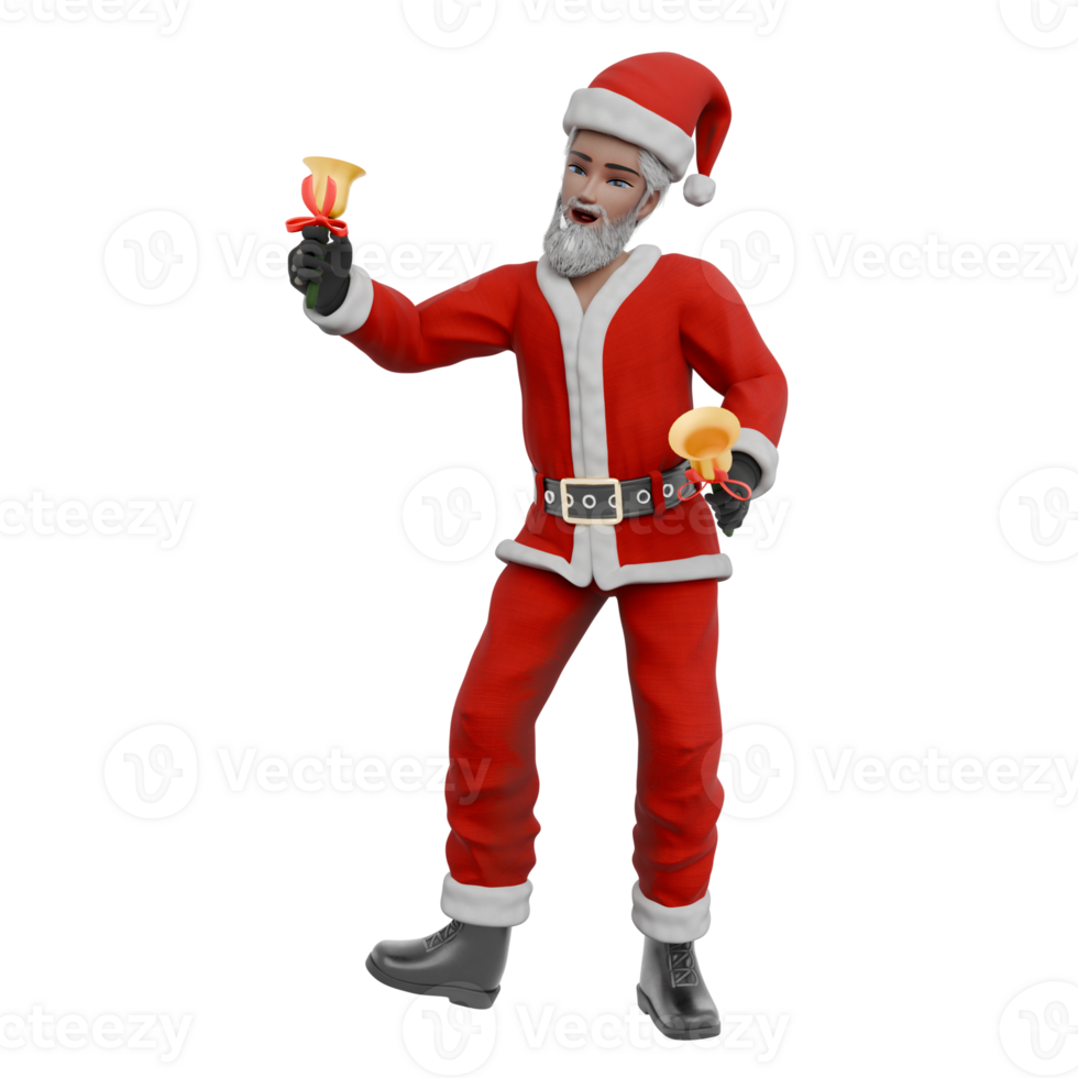 Artistic Santa Claus in Cartoon Style. A Santa Claus man walks with both hands holding a yellow bell. 3D Design png