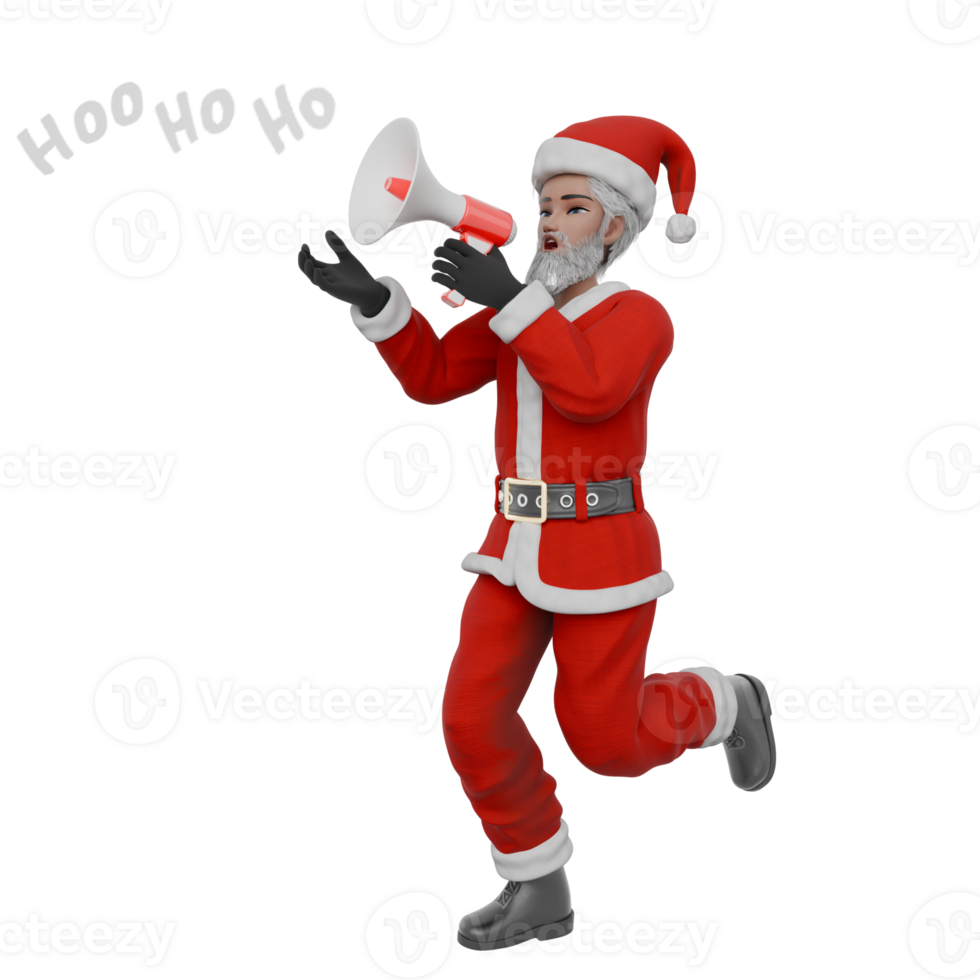 Santa Claus Cartoon Art Style. A Santa Claus man runs with his left hand holding a loudspeaker, happy expression. 3D Character Design png