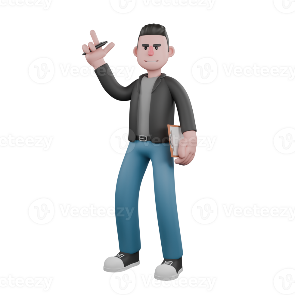 Creative Cartoon Illustration. A male screenwriter is standing holding a pen and clipboard in both hands. Screenwriter 3D Model Design png