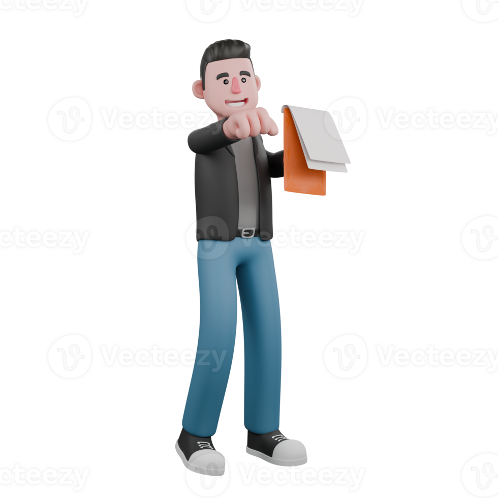 Creative 3D Cartoon Model. A Male Screenwriter stands with a clipboard in his left hand and his right hand is clenched in front. Screenwriter Character Design png