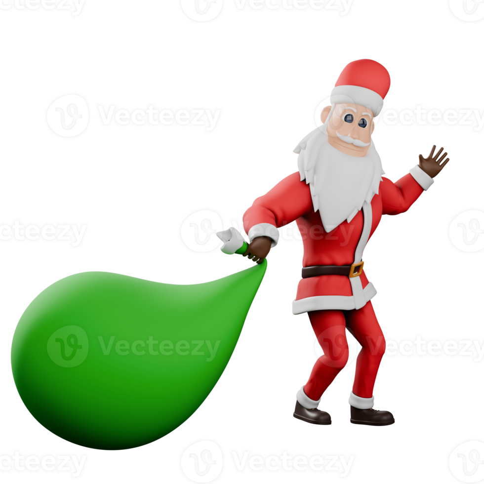 Santa Claus Cartoon Art. A Male Santa Claus walks with his left hand waving while his right hand is pulling a sack of presents. 3D Character Design png