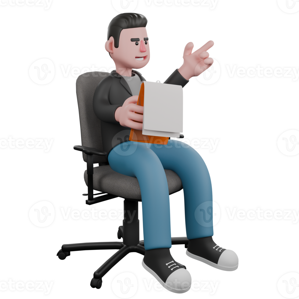 3D Screenwriter Cartoon Design. A Male Screenwriter sits on a work chair with a clipboard in his right hand and his left hand pointing in a certain direction, explaining expression. Illustration png