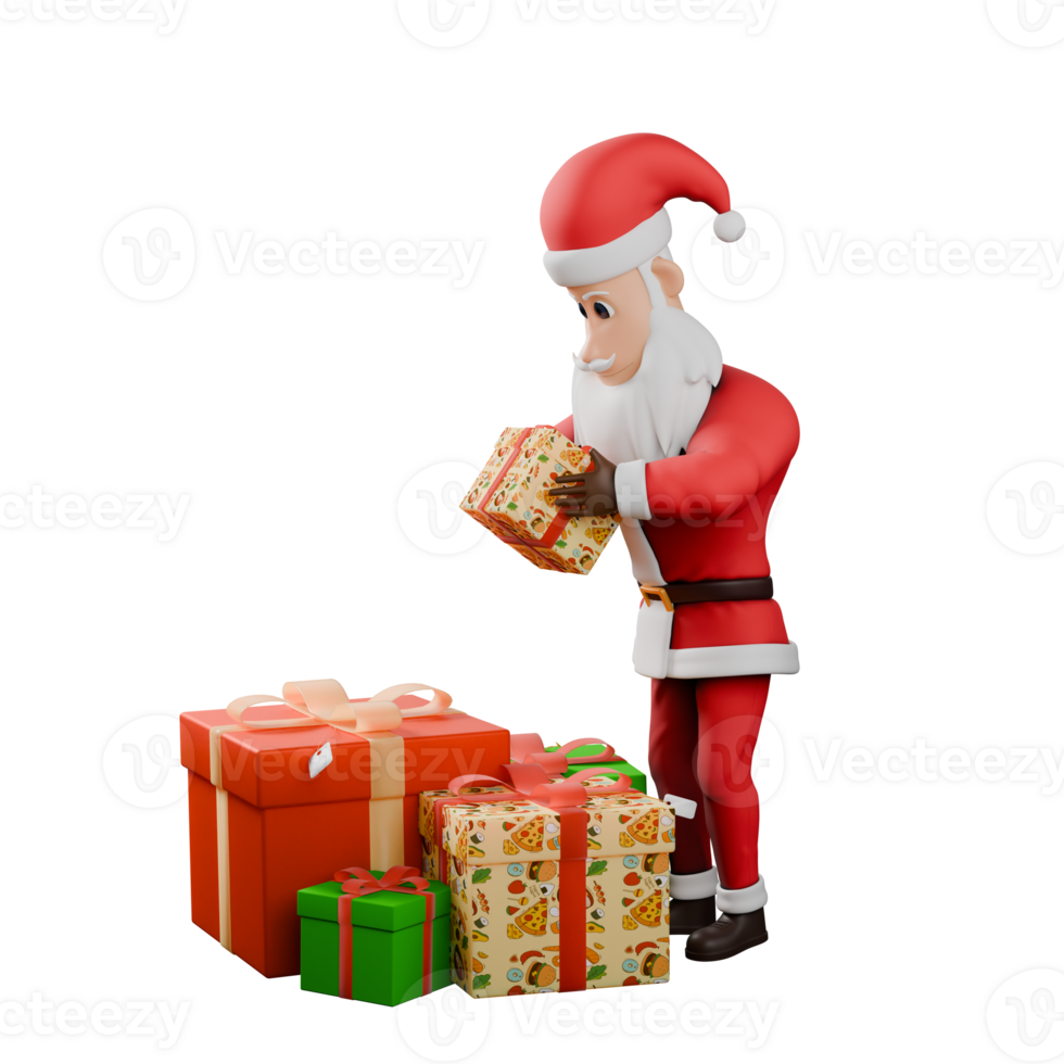 3D Cartoon Santa Claus Character. A Male Santa Claus stands while holding presents with both hands while on the floor are some presents. Artistic Design png