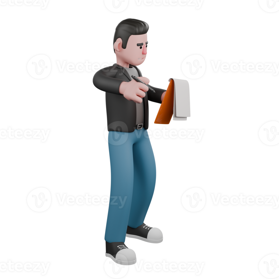 Artistic Screenwriter 3D Character Design. A male screenwriter is standing with both hands holding a pen and clipboard, expression wanting to write. Cartoon Illustration png