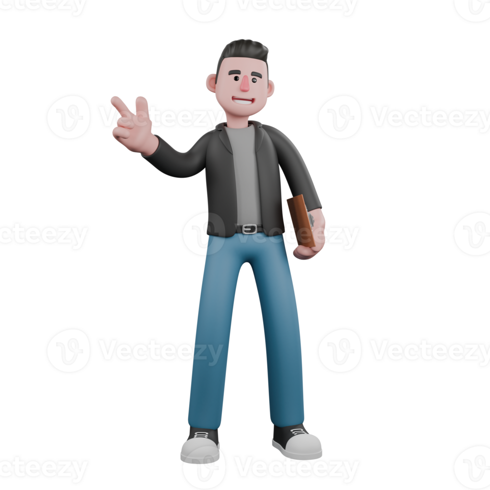Cartoon Artistic Design. A Male Screenwriter stands with a clipboard in his left hand while his right hand is pointing. 3D Screenwriter Character Model png