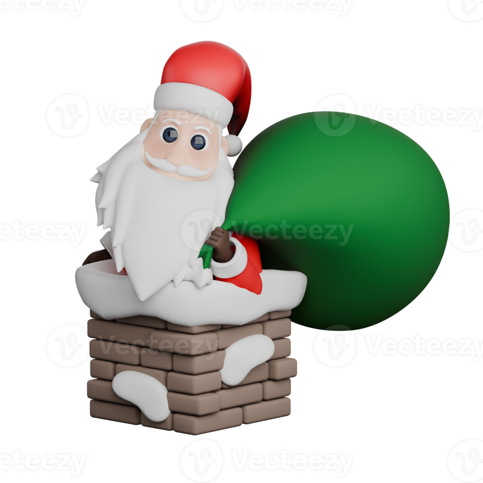 Santa Claus 3D Character Design. A Santa male stands at the chimney carrying a large bag of presents. Cartoon Art Style png