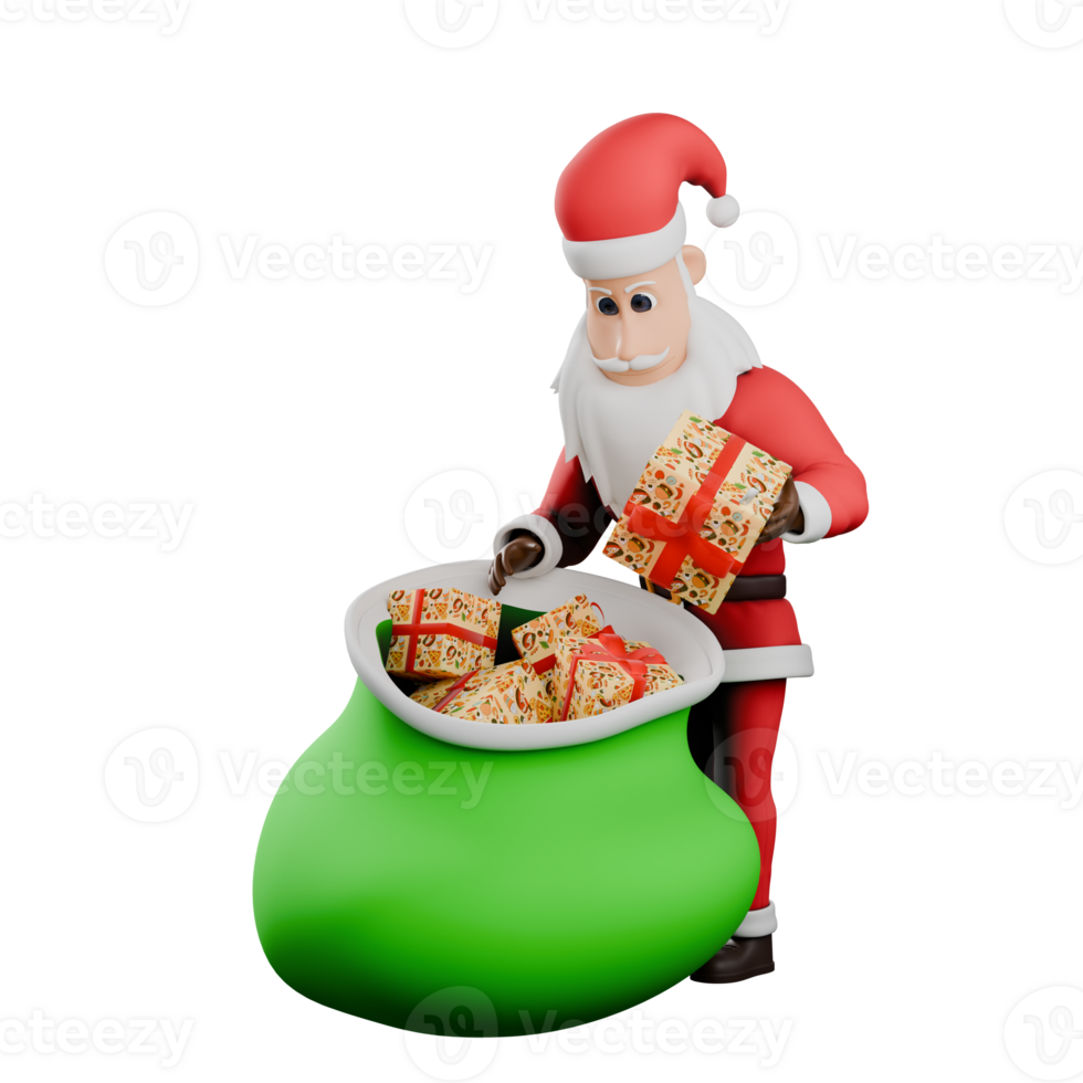 Cartoon Style Santa Claus. A Male Santa Claus stands behind a sack of presents with his left hand holding presents. 3D Design png