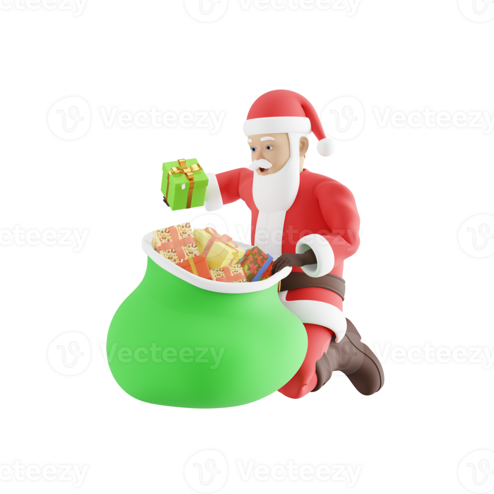 3D Cartoon Design. A Male Santa Claus kneels behind a sack of presents with his right hand holding a present. Santa Claus Style png