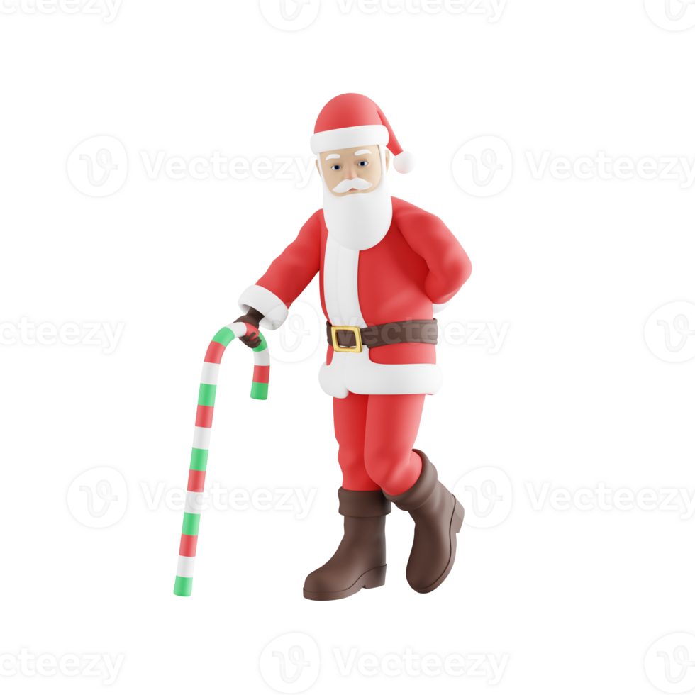 3D Cartoon Santa Claus. A Male Santa Claus walks holding a staff in his right hand while his left hand is behind his body. Creative Design png